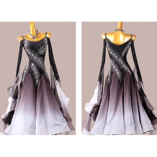Custom size black with white gradient competition ballroom dance dresses with gemstones for women girls  professional waltz tango foxtrot smooth dance long skirts gown